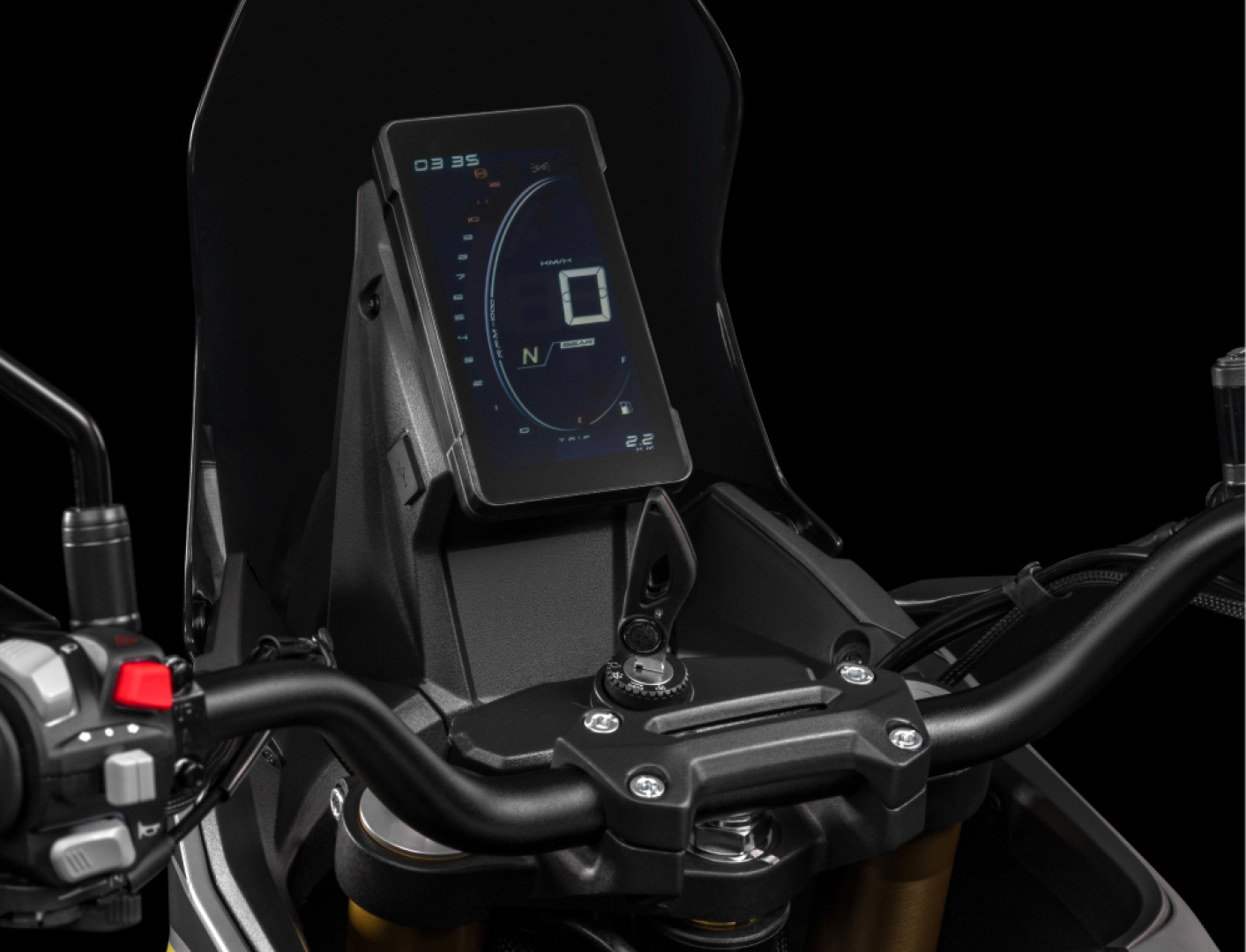 Vertical LCD dash + USB + backlit controls – Practical technology.